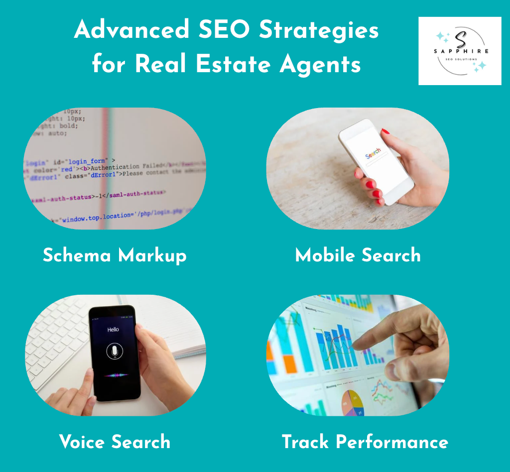 Sapphire SEO Solutions logo and a list of advanced SEO tactics for realtors