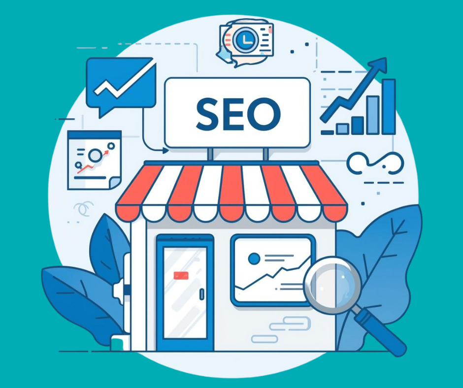 a small business with an SEO symbol and charts, suggesting small business seo
