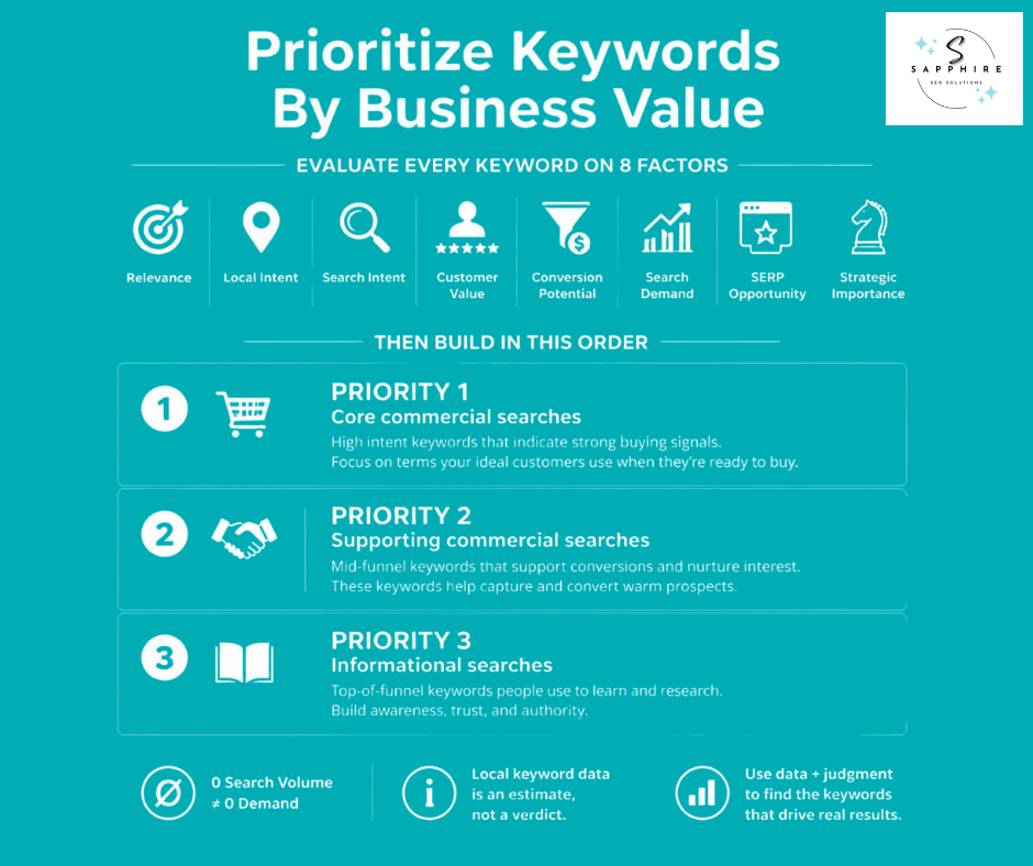 Infographic explaining how to prioritize local SEO keywords by business value and evaluate them across eight factors.