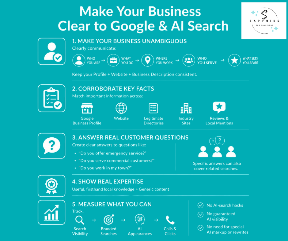 Infographic guide on making your business unambiguous to Google and AI search engines through key facts.