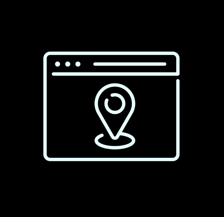 Graphic of a web page with a map marker in the center