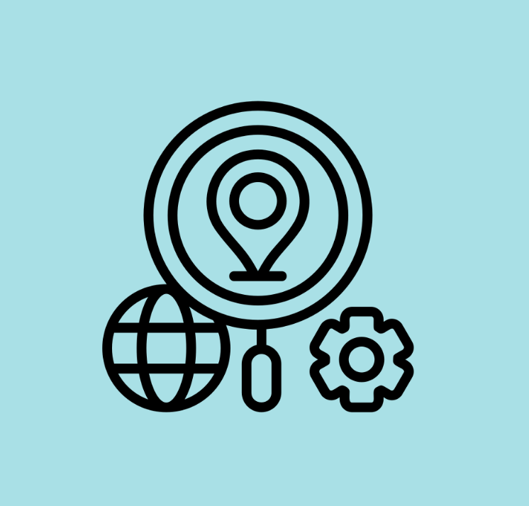 Graphic of a magnifying glass, a map marker, a globe, and a gear