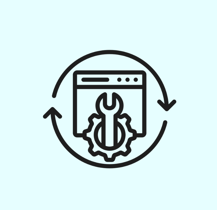 Graphic of a gear and wrench in the foreground of a web page