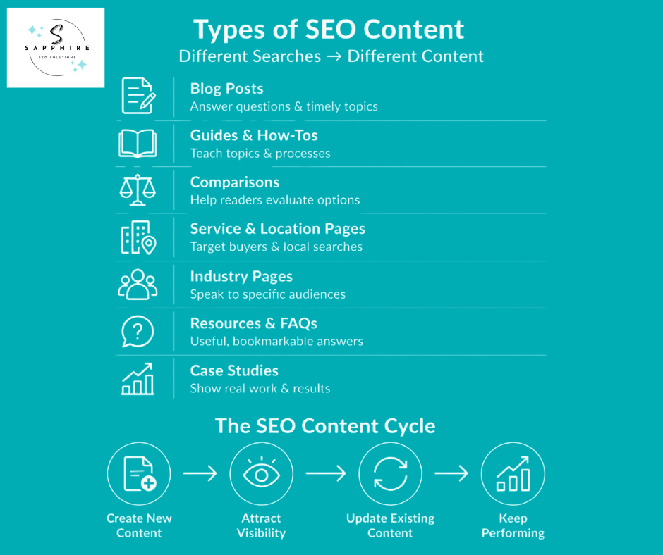 Infographic highlighting different types of SEO content, including blog posts, guides, comparisons, and case studies.