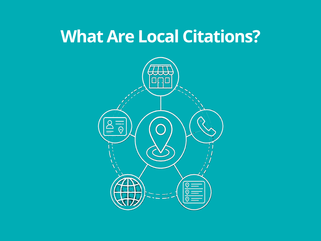 Illustration asking what local citations are, featuring icons for location pins, phone, store, and directory listings.