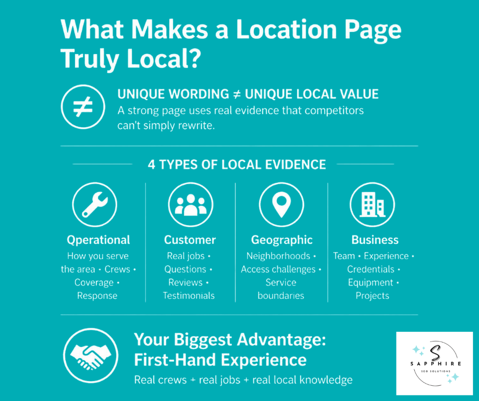 Infographic highlighting the four types of local evidence needed to make a location page truly local.