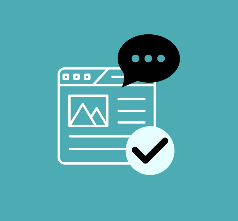 Web page, chat bubble, check mark
