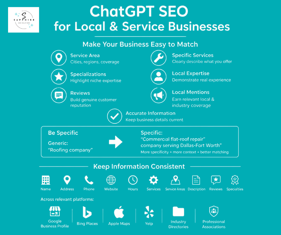 an infographic that shows how small businesses can do ChatGPT SEO to appear in ChatGPT answers