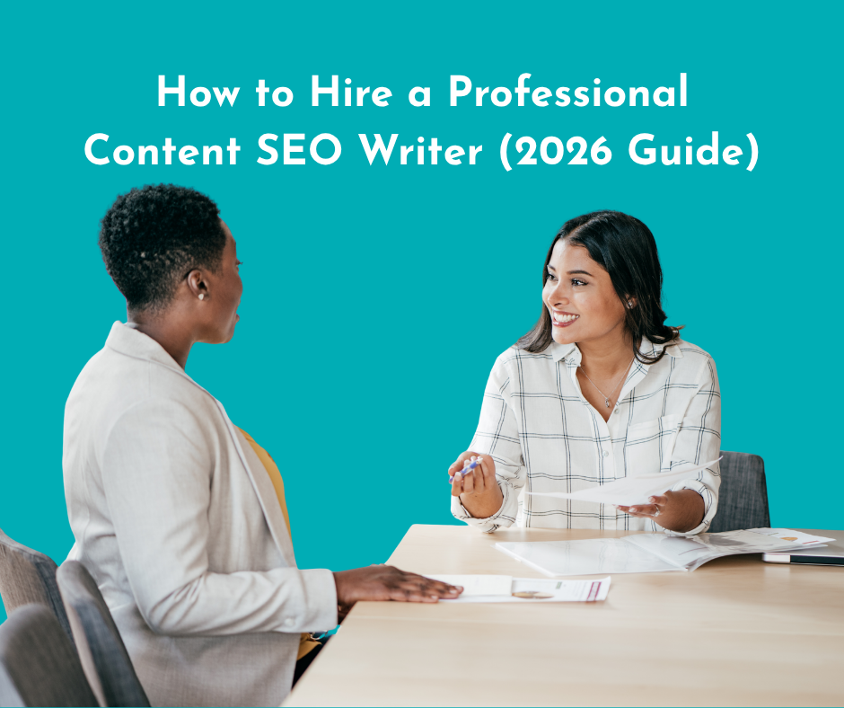 a business conducting an interview with caption: how to hire a professional Content SEO writer