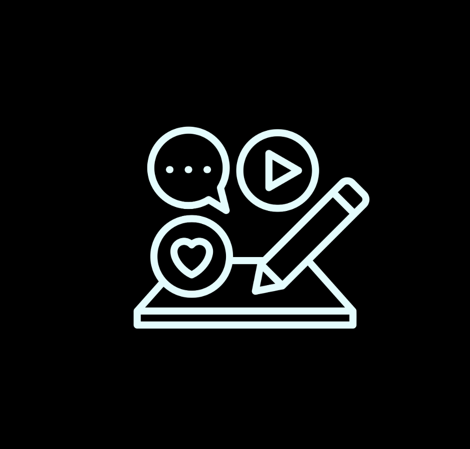 Graphic of paper and a pencil with a heart, a play button and three dots