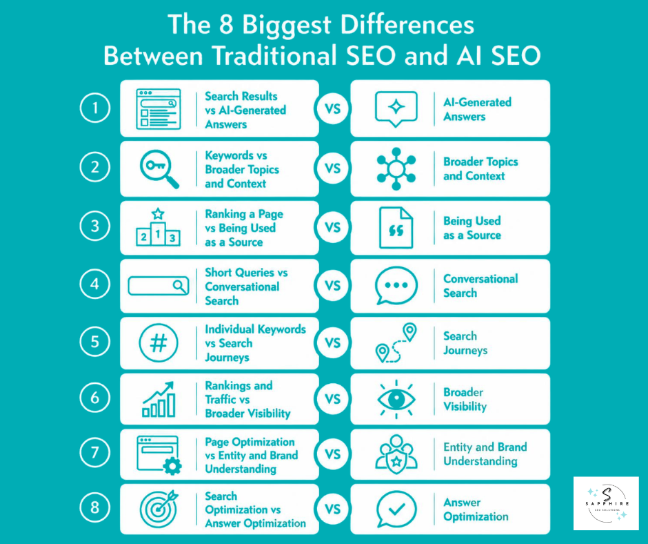 the 8 differences between traditional seo and ai seo explained in good detail in this infographics