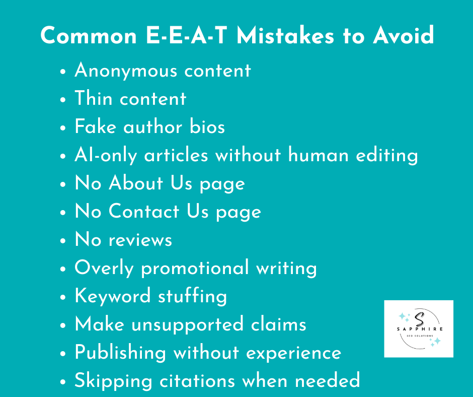 several common eeat mistakes to avoid listed in bullet points with Sapphire SEO Solutions logo