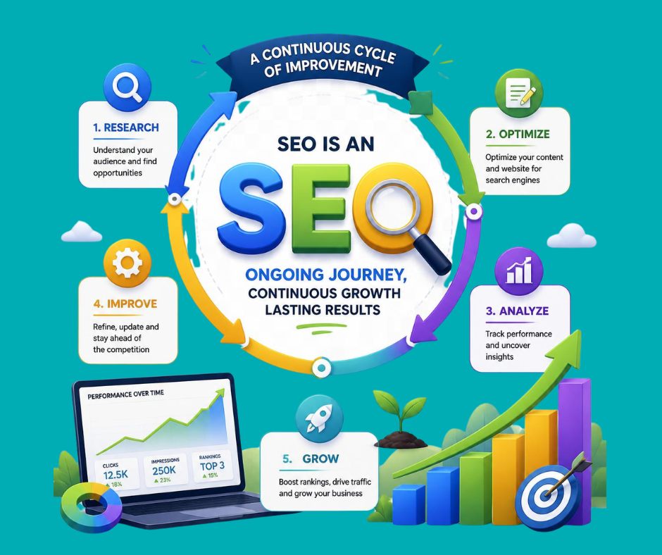 SEO isn't a one time thing, it's a continous process. All steps explained in the image