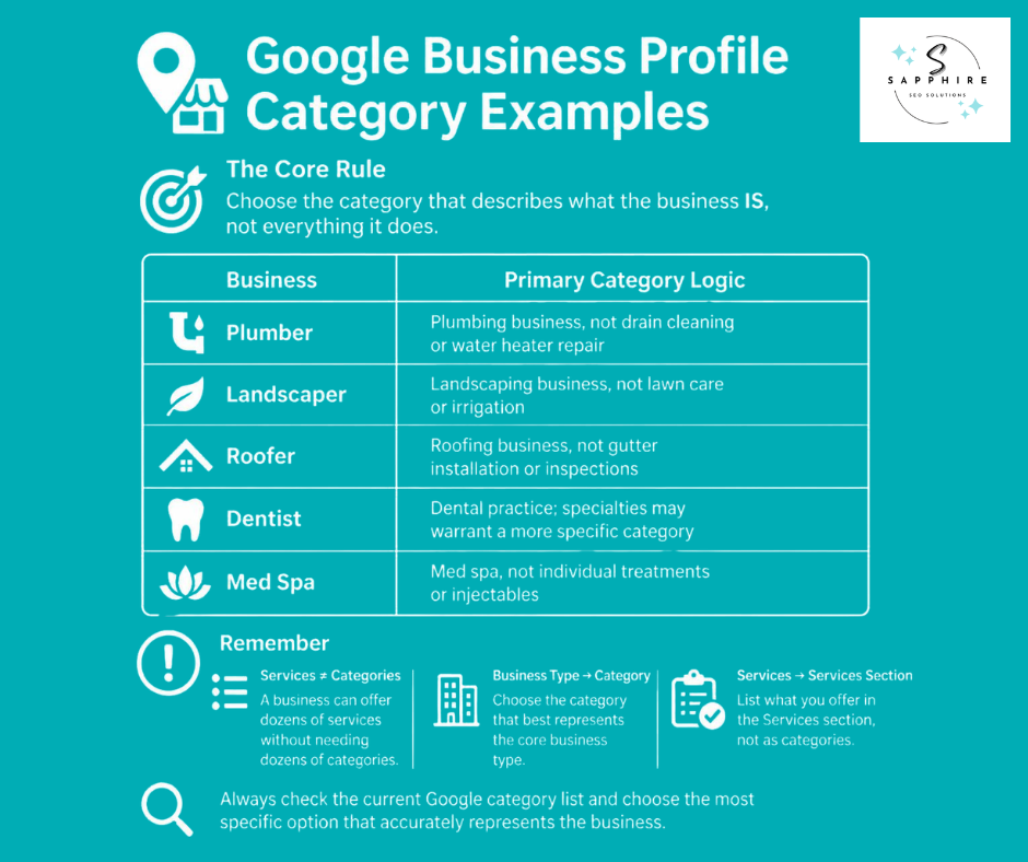 Infographic showing primary category examples and logic for plumbers, landscapers, and dentists.
