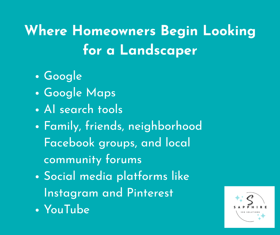 a iist of sources where homeowners begin looking for a landscaper, which includes google, map pack, ai tools, family, friends, social media, and YouTube