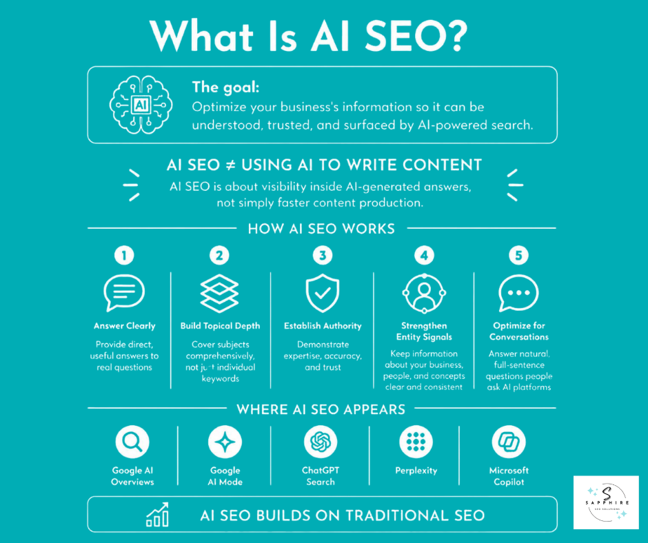 What is ai seo, how ai seo works, and where ai seo appears all explained in a nice infographics