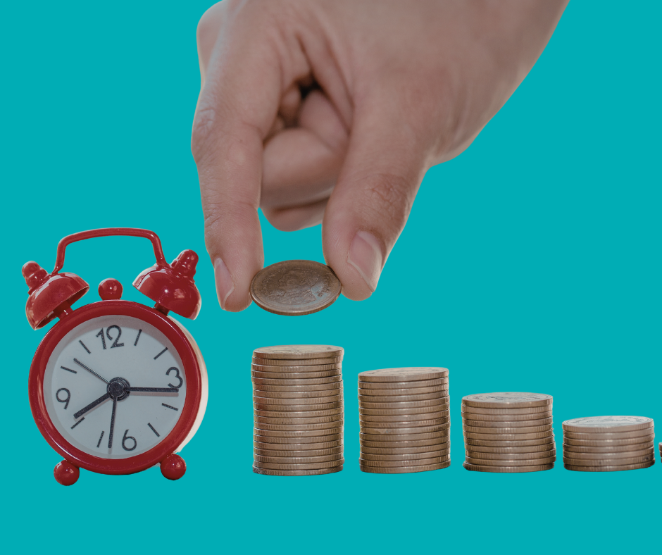 A stack of coins next to a clock suggesting time savings