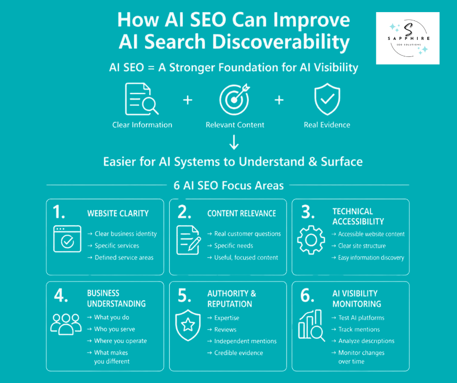 Infographic detailing six core AI SEO focus areas like website clarity and authority to improve discoverability.