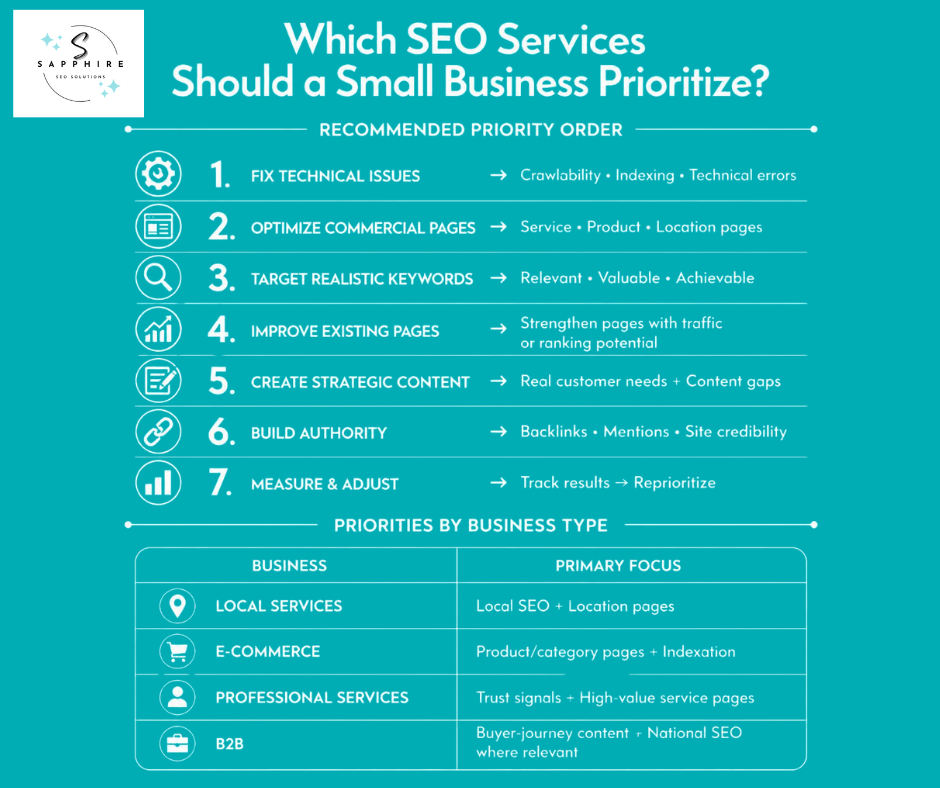 Recommended priority order for small business SEO services, starting with technical fixes and moving through commercial page optimization and authority building.