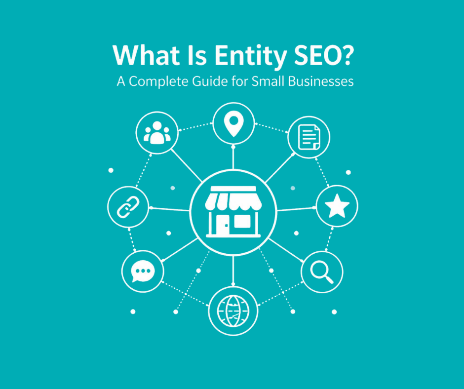 Infographic explaining what is entity SEO and small business guides with an interconnected icon network.