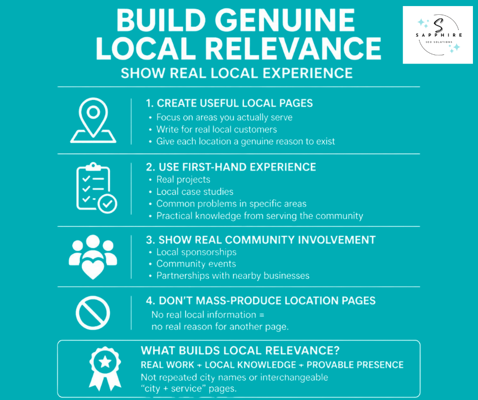 Infographic showing how to build authentic local relevance using real-world experience and targeted location pages.