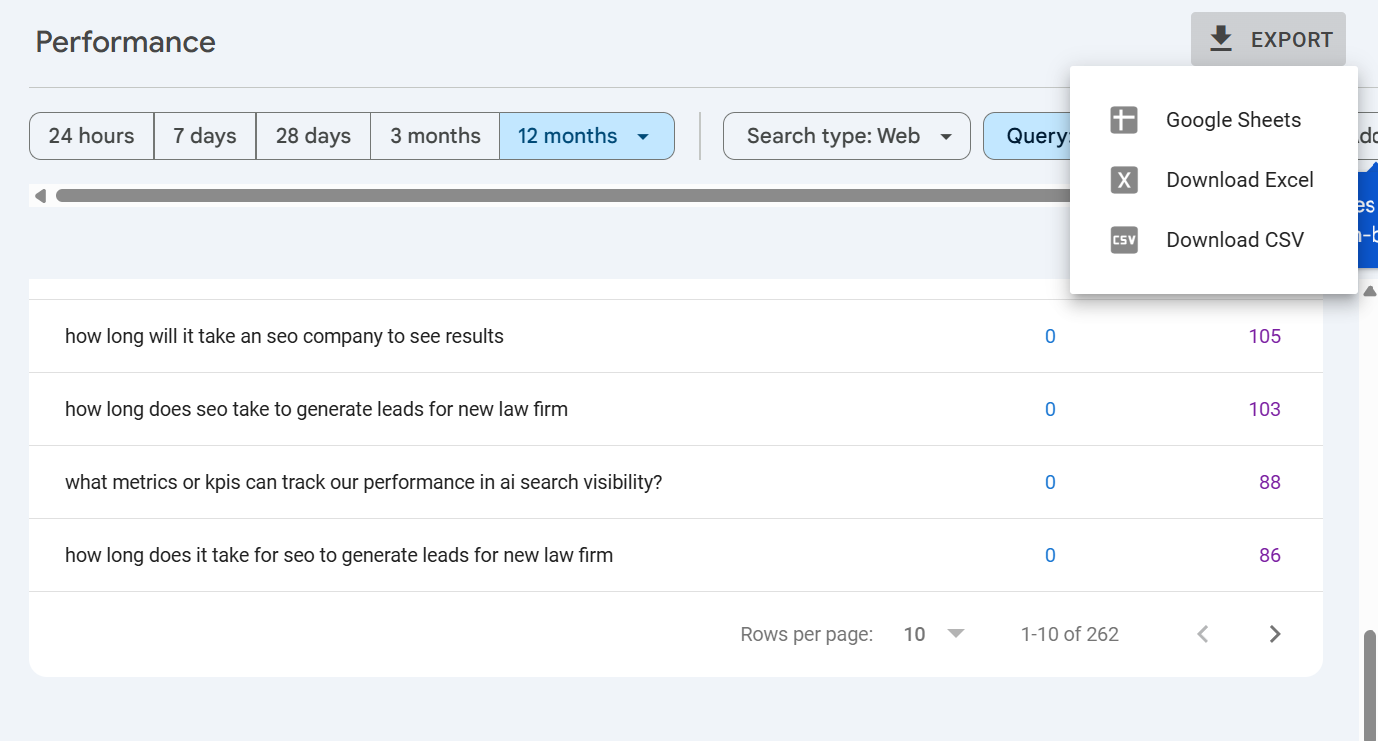 a screenshot of the export data option on GSC