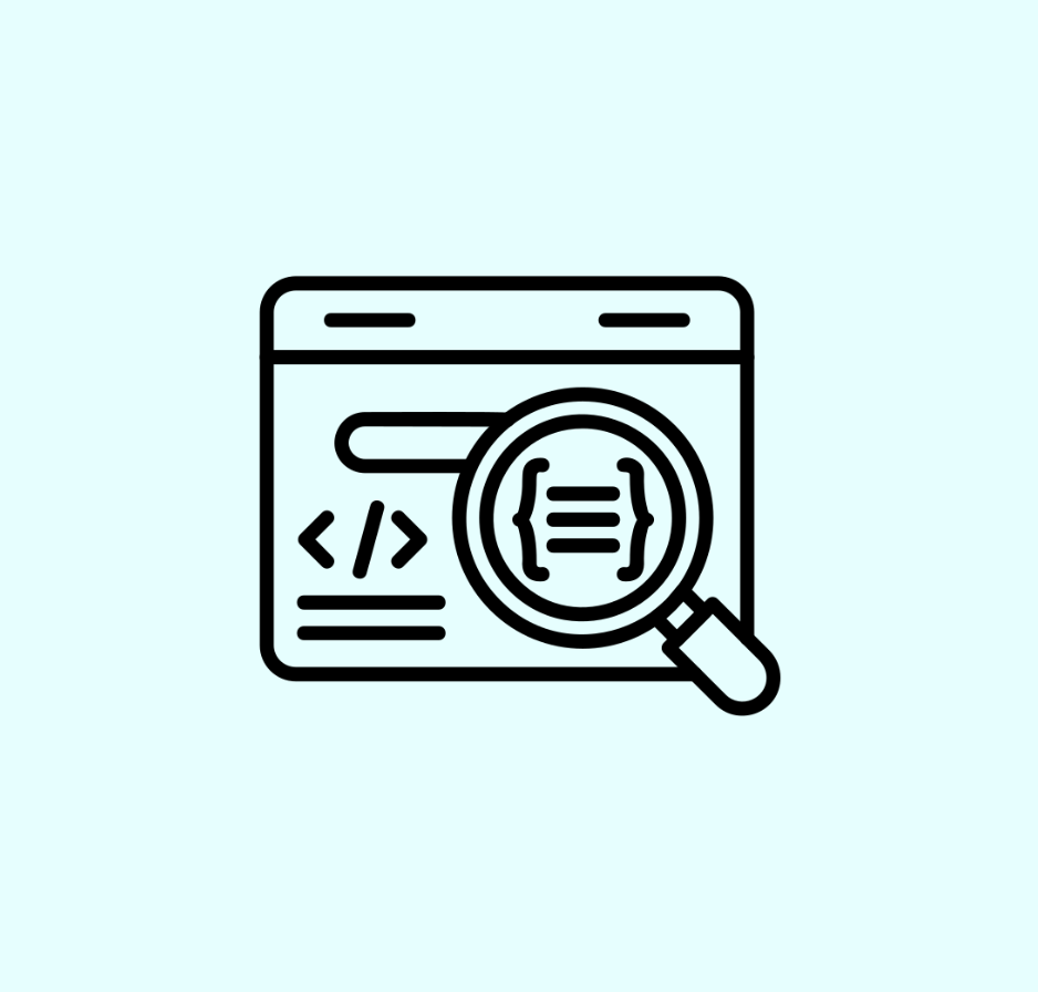 graphic of a webpage with code and a magnifying glass