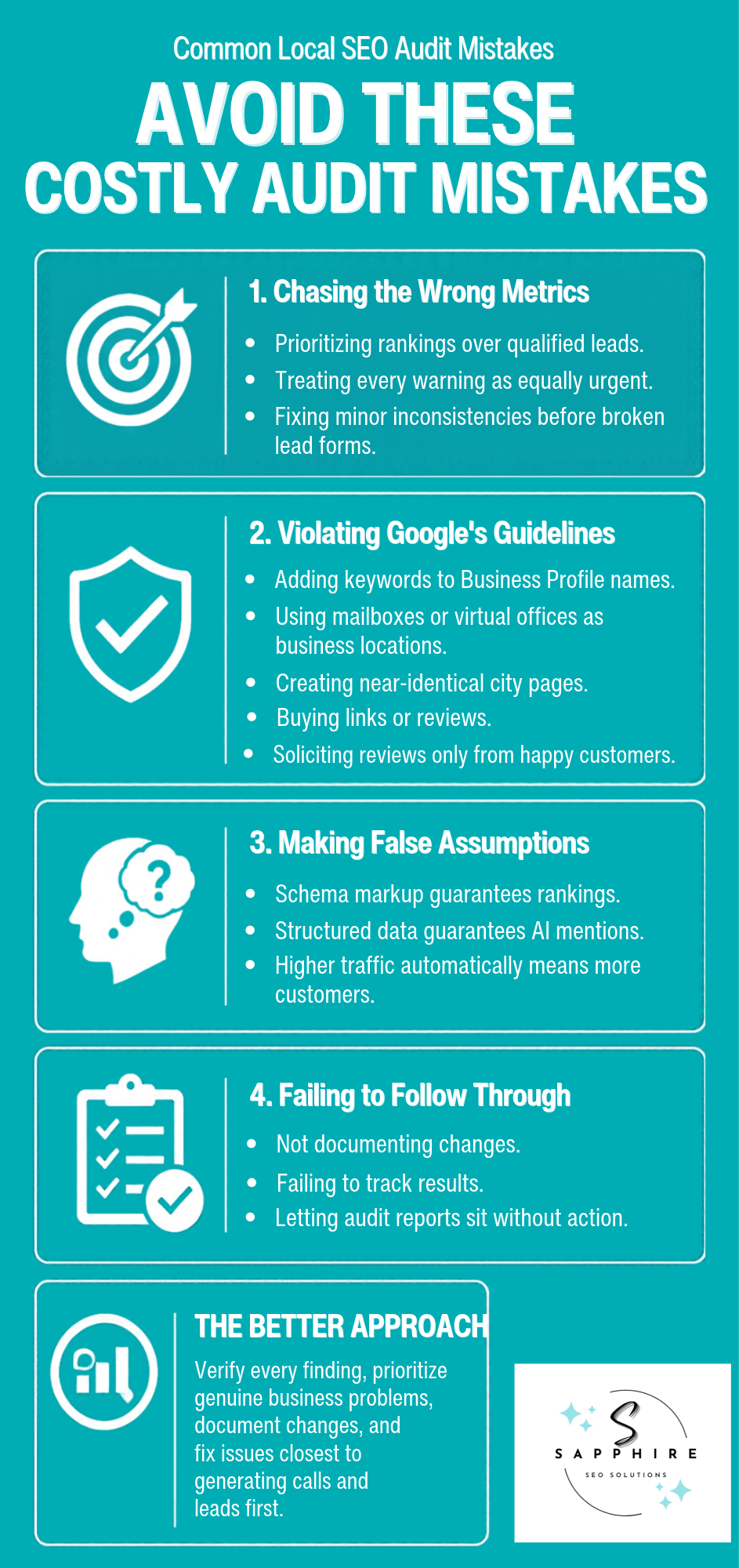 Infographic highlighting common local SEO audit mistakes to avoid, including wrong metrics and policy violations.