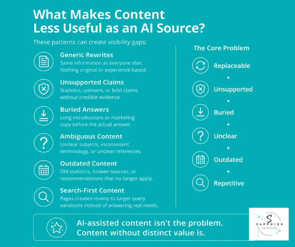 Infographic highlighting patterns like generic rewrites and unsupported claims that make web content less useful as an AI source.