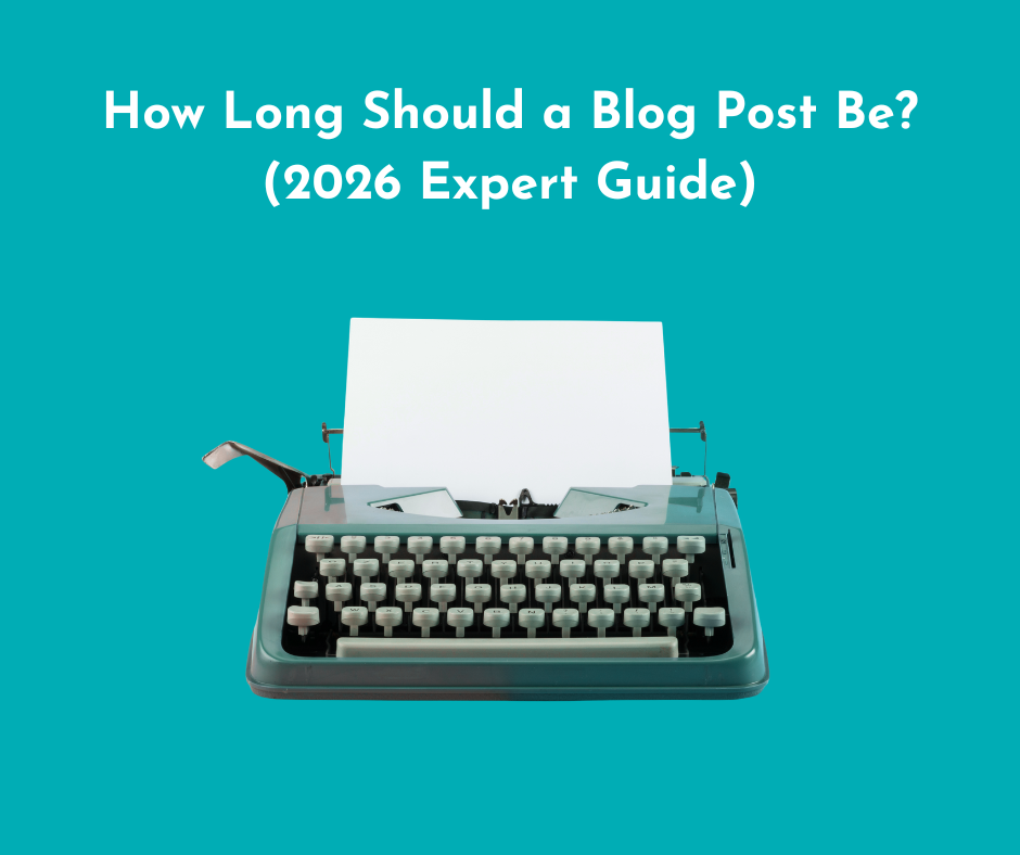 A typewriter with a caption: how long should a blog post be?