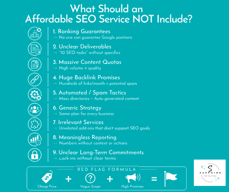 Red flag guide outlining 9 things an affordable SEO service should not include, such as ranking guarantees, massive content quotas, and spam tactics.