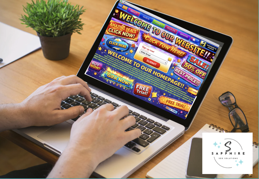 Terrible looking website on a lap top screen