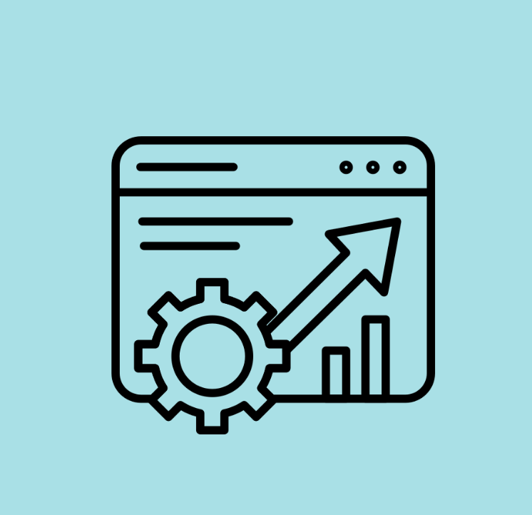 Graphic of a web page with a gear, a chart, and an arrow
