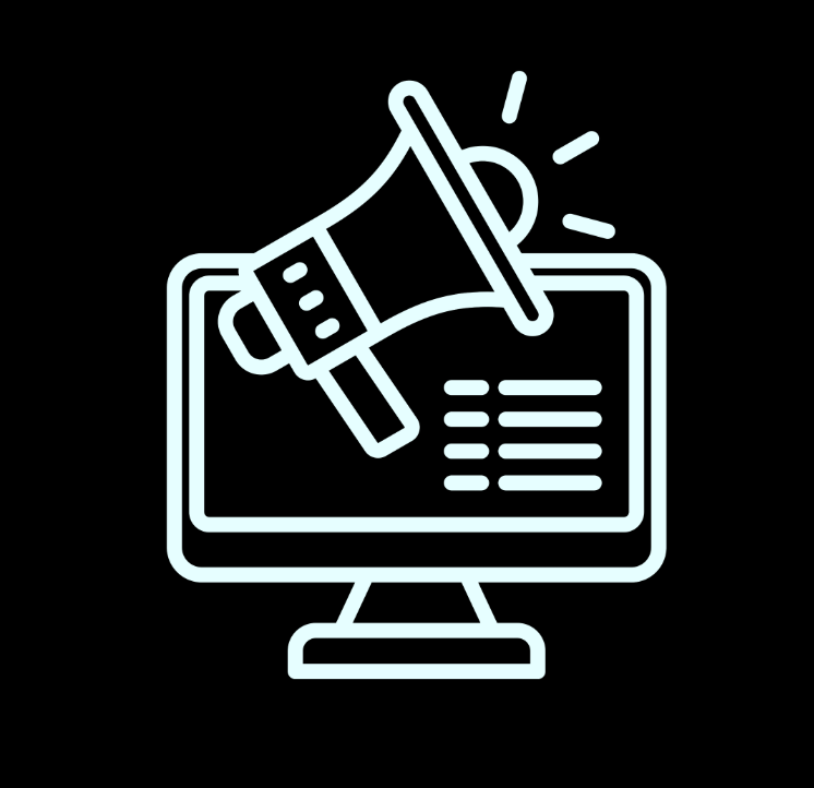 Graphic of a computer screen with a megaphone