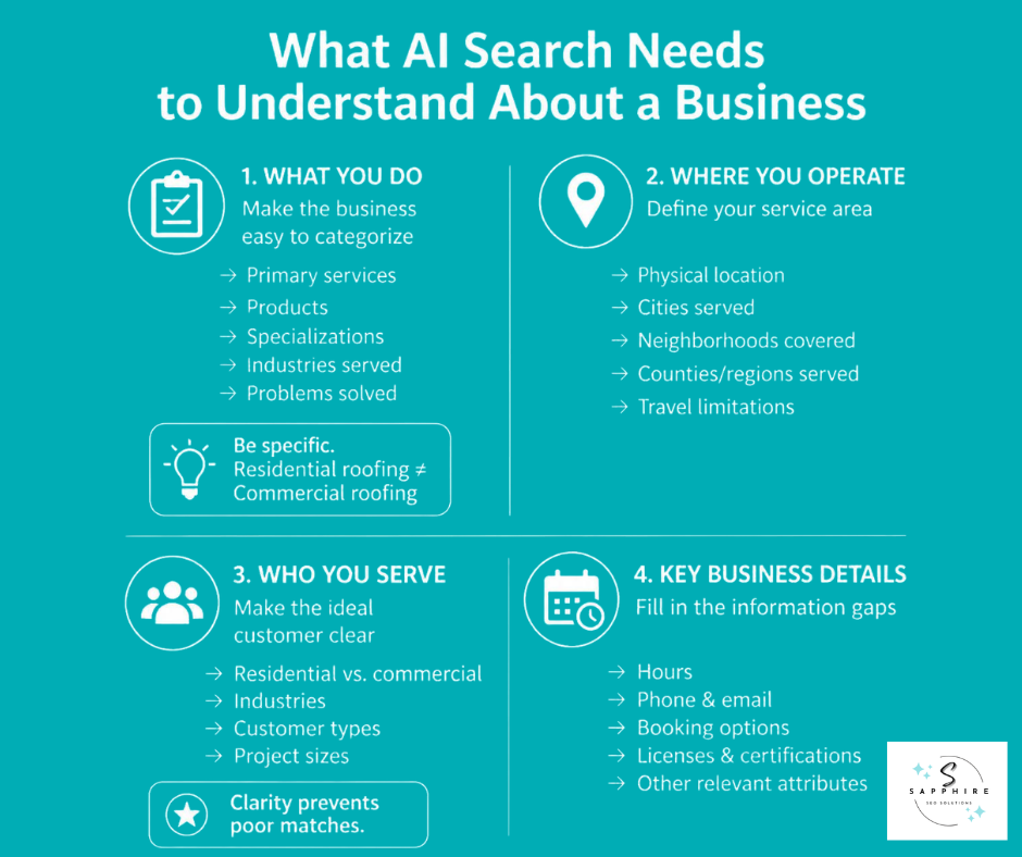 Infographic outlining four core pillars AI search needs to understand about a business, including services and operating areas.