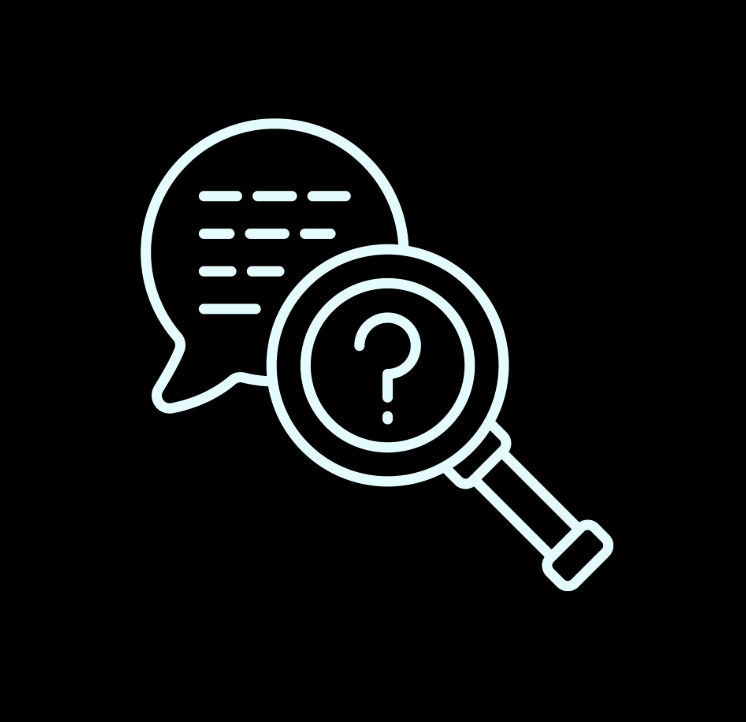 Speech bubble graphic with a magnifying glass and a question mark