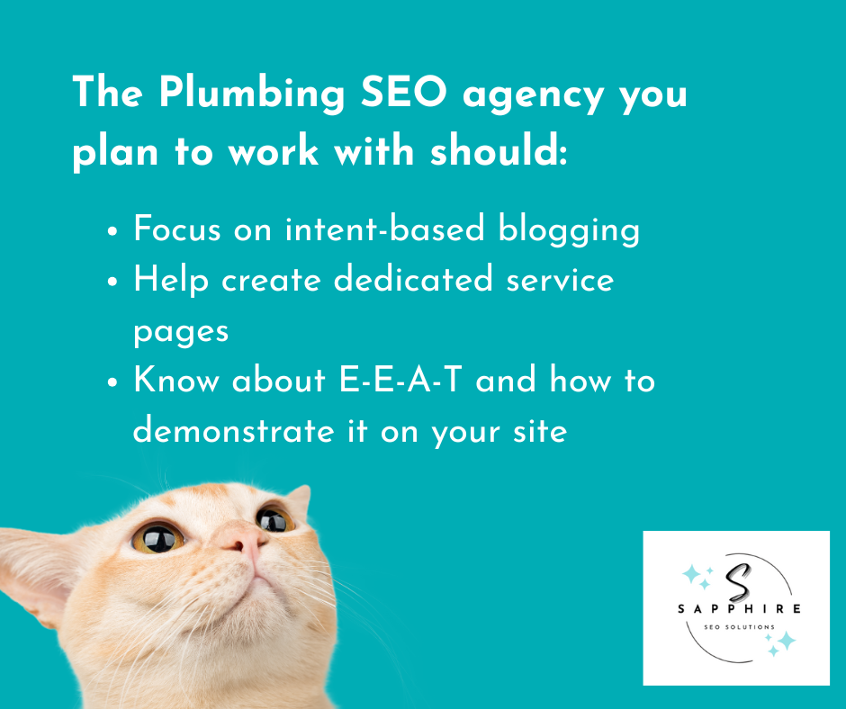 A plumbing SEO agency focuses on intent-based blogging, create dedicated service pages, and know E-E-A-T