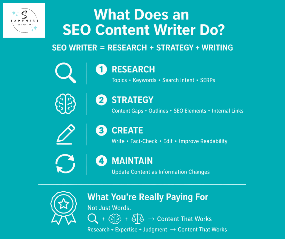 Infographic outlining what an SEO content writer does, focusing on research, strategy, content creation, and maintenance.