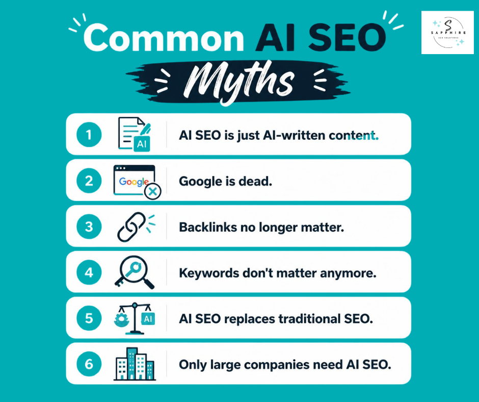 common ai seo myths explained, including ai-seo is ai-written content, google is dead, backlinks don't matter, keywords don't matter, ai seo replaces traditional seo, only large companies need ai seo.