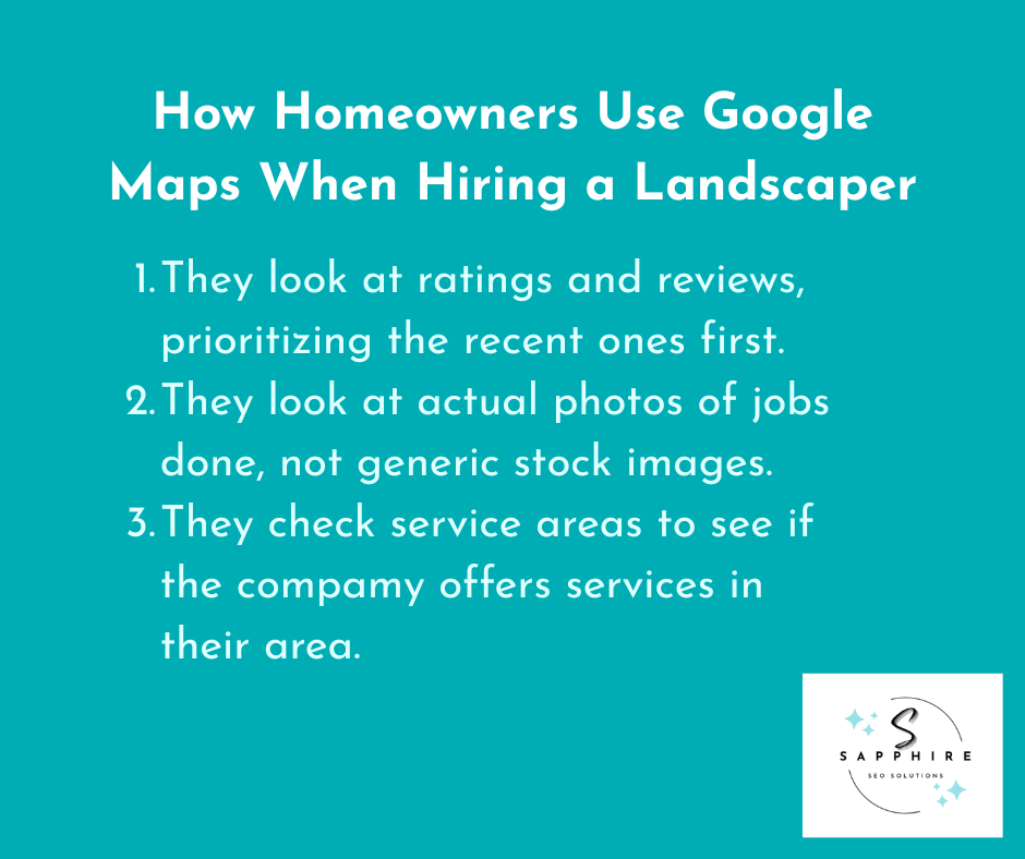 homeowners search for landscapers by looking at ratings, actual photos, and checking service areas