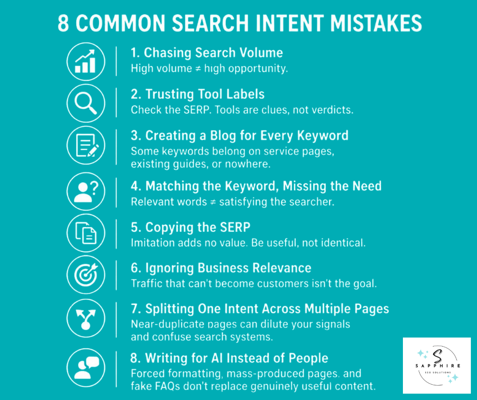 Infographic highlighting 8 common search intent mistakes in SEO, including chasing volume, copying the SERP, and ignoring relevance.