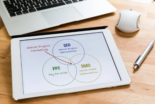 a tablet showing SEO vs PPC