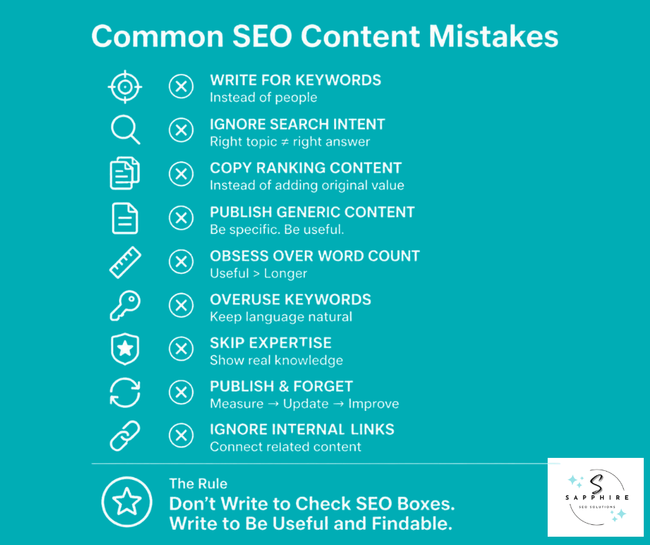 Infographic outlining common SEO content mistakes to avoid, such as writing for keywords instead of actual people.
