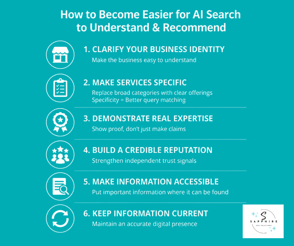 Infographic detailing six steps to make your business easier for AI search engines to understand and recommend.
