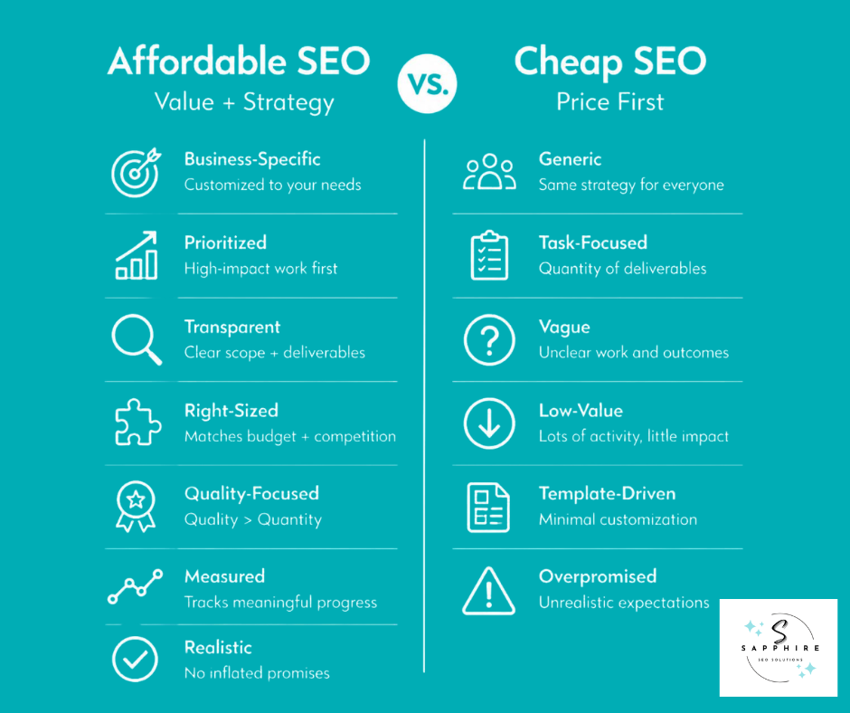 Comparison infographic highlighting the differences between value-driven affordable SEO and risky, low-priced cheap SEO.