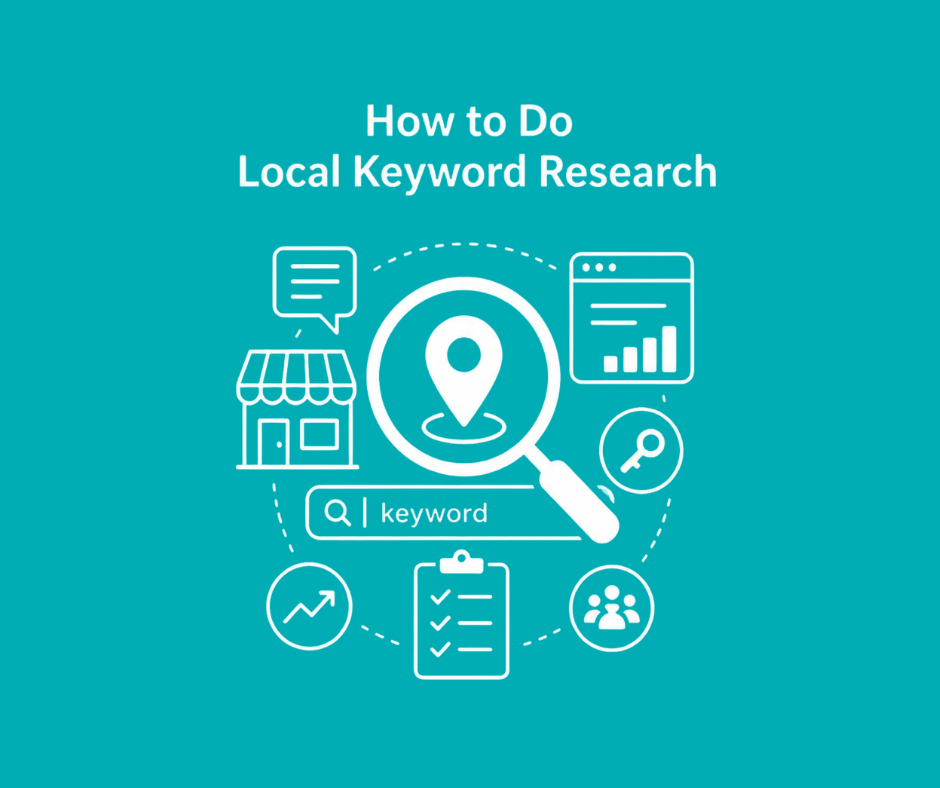 Infographic illustrating how to do local keyword research with search icons, maps, and business elements.