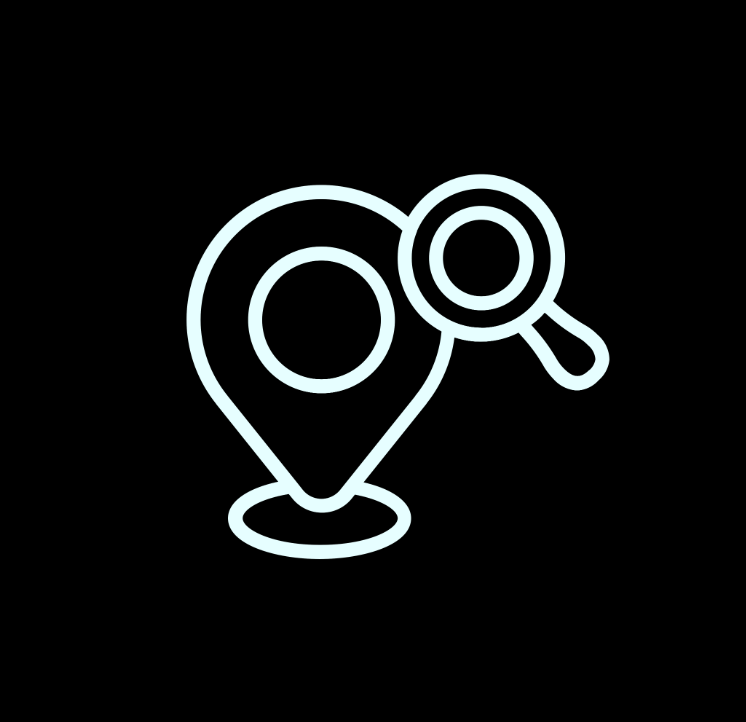 Graphic of a map marker and a magnifying glass