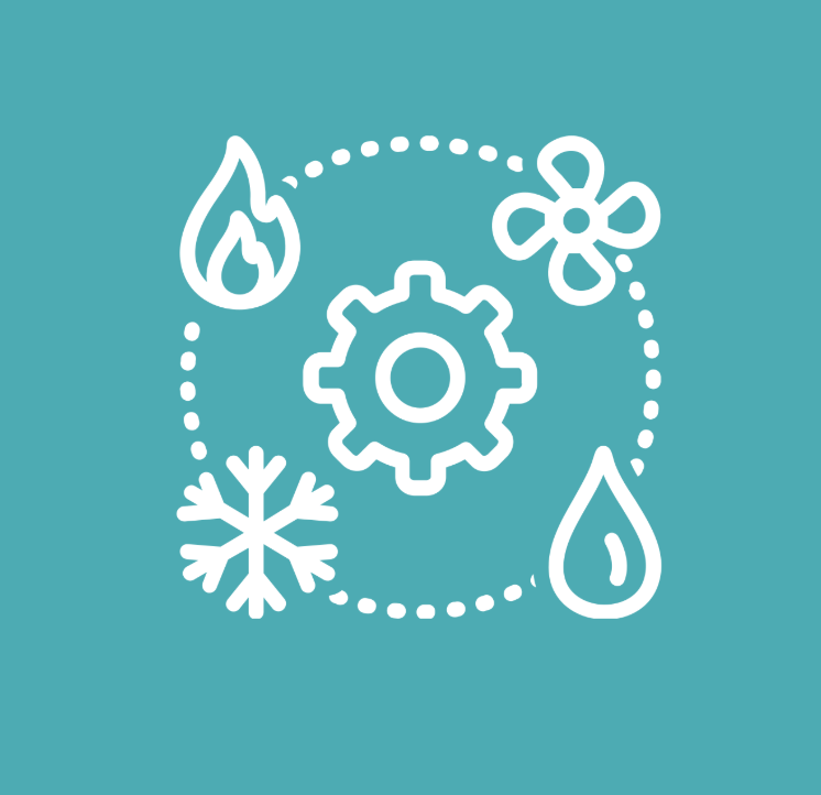 Graphic of a gear surrounded by a flame, a fan, a snowflake, and a rain drop