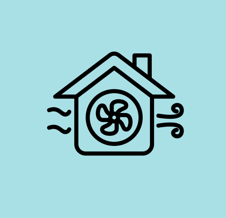 Graphic of a house with a fan and wind blowing through