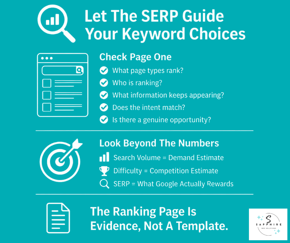 Infographic explaining how to let the SERP guide keyword choices by checking page one and looking beyond volume.